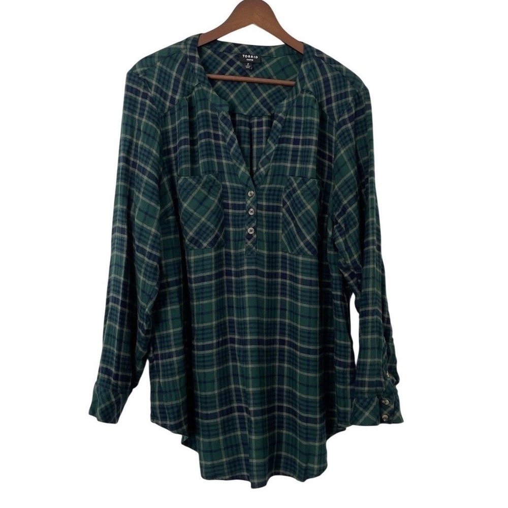 Torrid Harper Flannel Shirt 2 (2X) Green Plaid Popover Roll Tab Sleeve Tunic Top